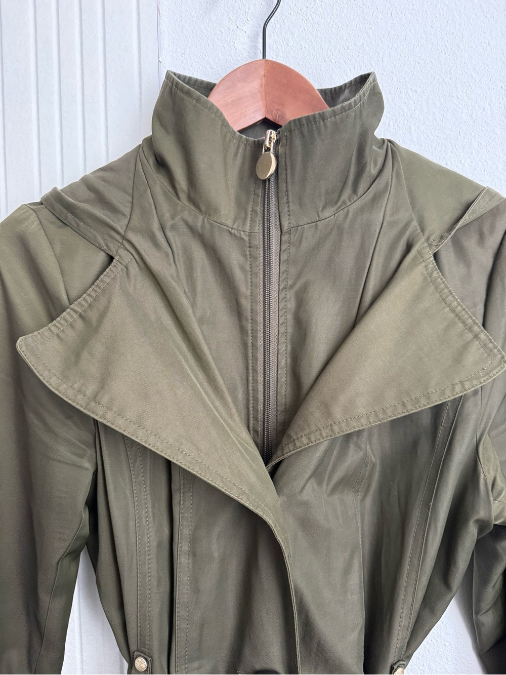 Olive Green Belted Trench Coat with Hood - Picture 3 of 7
